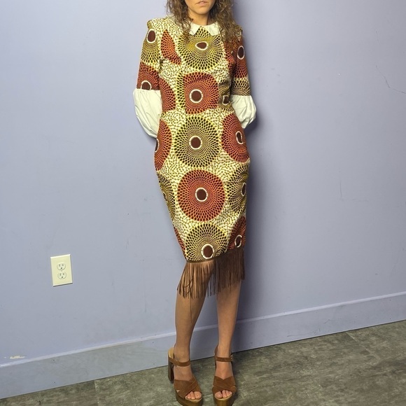 Vintage 70’s Homemade Puff Sleeve Collared Dress in Brown Orange Yellow Size‎ S - Picture 3 of 4